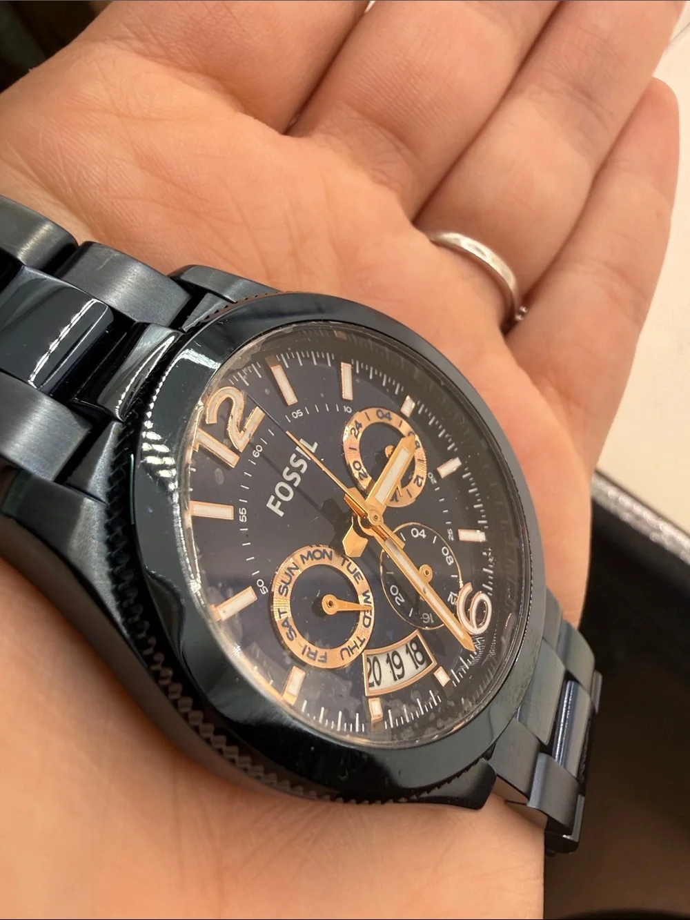 Fossil ES4093 Perfect Boyfriend Blue Multifunction Watch Engrave Men Analog READ